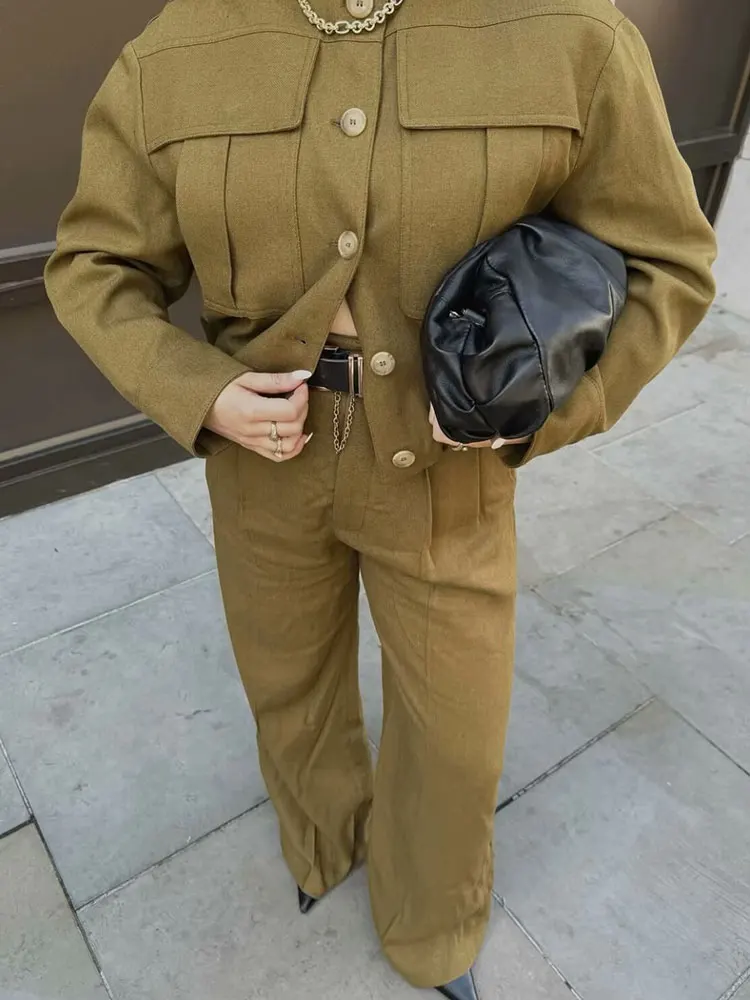 HH Women Vintage Solid Pants Sets O Neck Long Sleeve Bomber Jackets Single Breasted Cropped Coat Autumn High Street Outfits