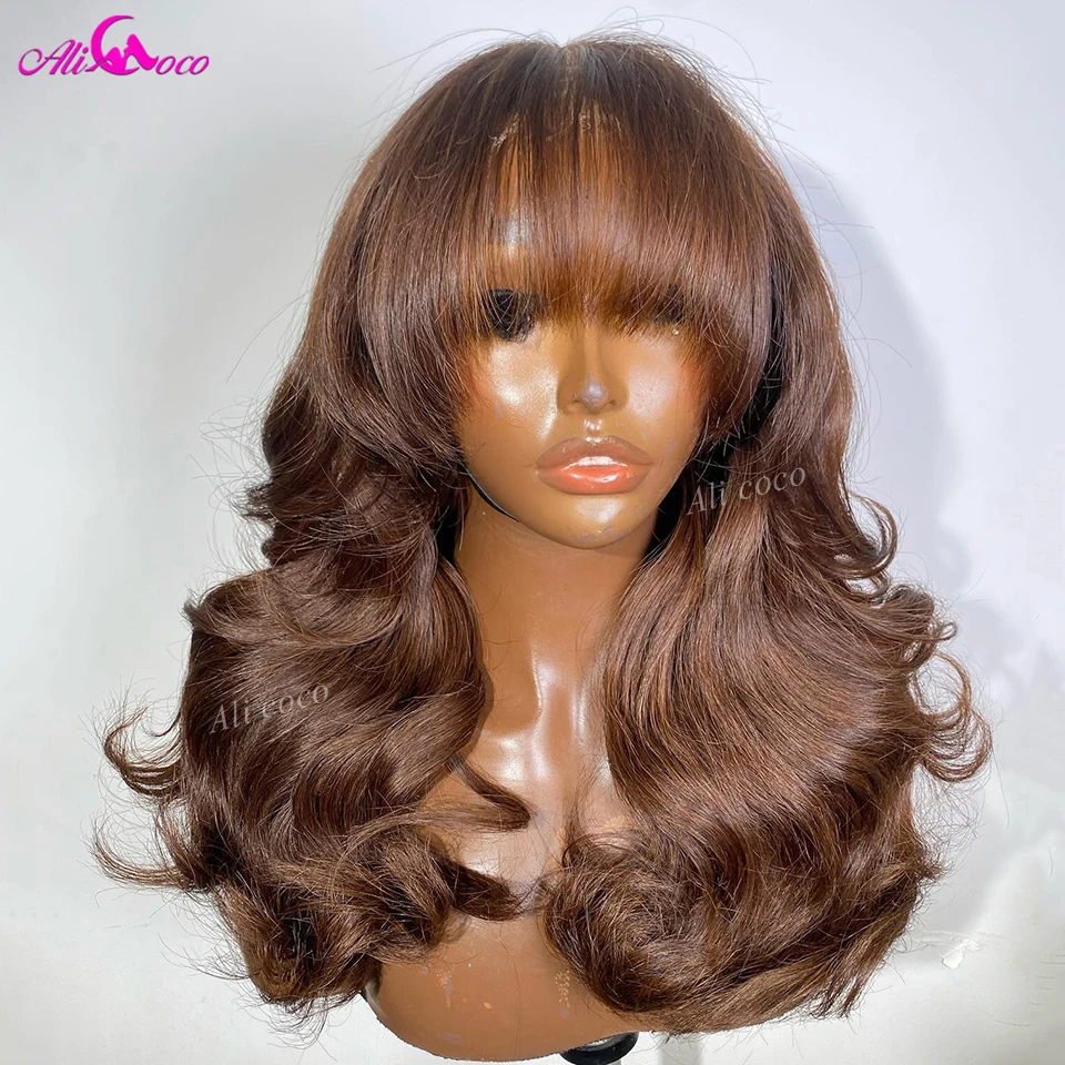 

13x6 Brown Colored Long Body Wave Wig With Bangs Hd Transparent Lace Frontal Wigs 13X4 Human Remy Hair Wig For Women 180 Density