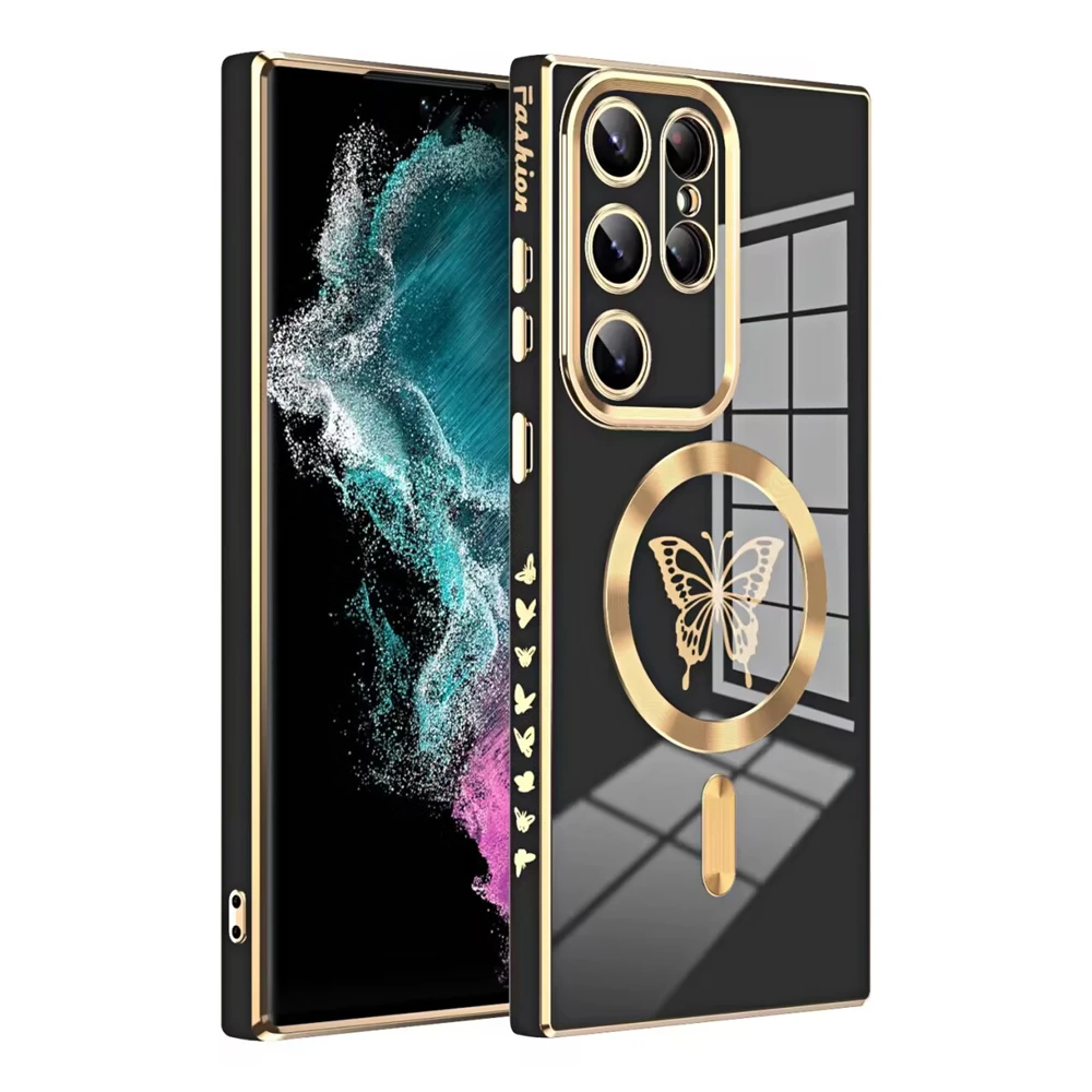 Luxusné galvanické magnetické motýľové puzdro pre Samsung S23 Ultra S22 S21 Plus pre bezdrôtové nabíjanie Magsafe Mäkký silikónový kryt_voghion.com