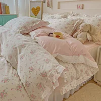 3/4Pcs Pastoral Floral Lace Ruffles 100% Cotton Bedding Set Single Queen Duvet Cover Bed Skirt/Bed Sheet/Fitted Sheet Pillowcase 1