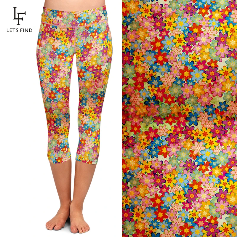 Summer New Arrival High Waist Colorful Flowers Print Women Capri Leggings Elastic  Mid-Calf Women Casual Leggings