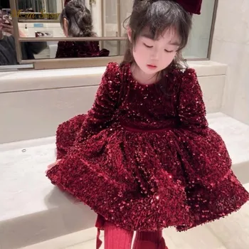 Baby Girl Sequins Dress Long Sleeve Infant Toddler Teen Child Vestido Party Birthday Christmas New Year Baby Clothes 1-14Y 1