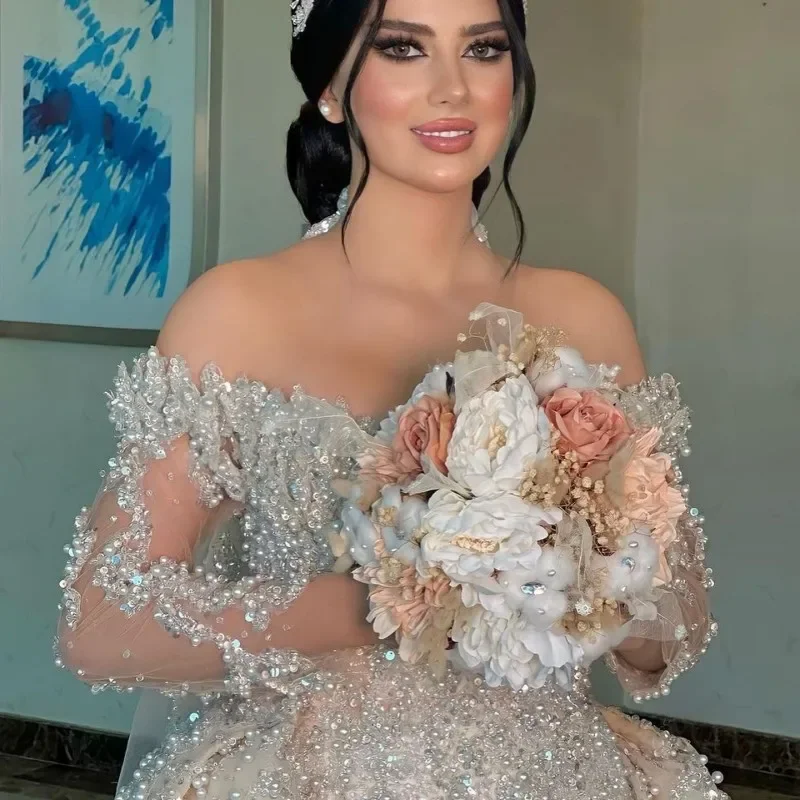 Off The Shoulder Heavy Appliques Pearls Trumpet Bridal Dress With Detachable Train Illusion Full Sleeves Bridal Gown