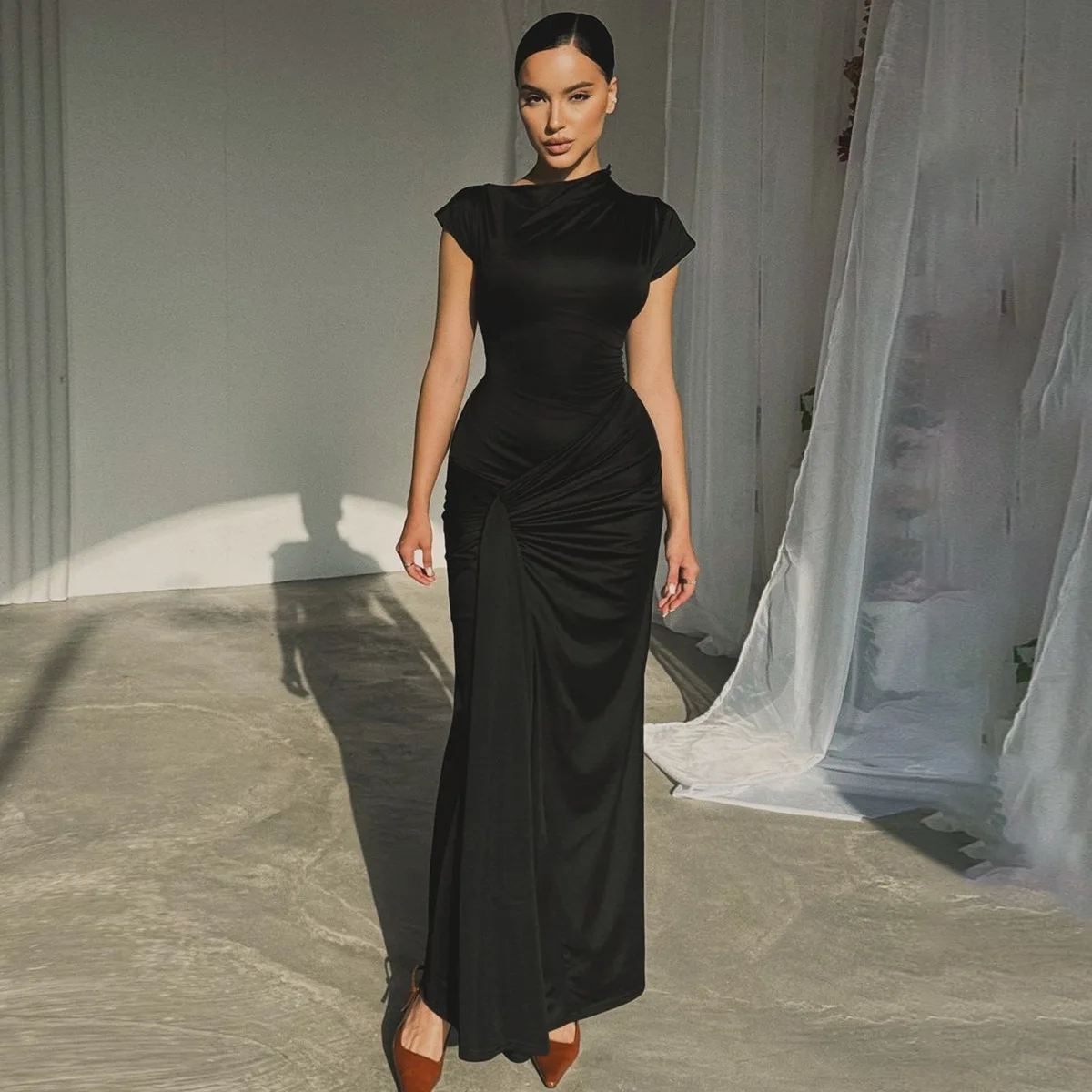 O Neck Short Sleeve Ruched Knotted Women'S Dresses Elegant Evening Prom Ladies Dress Y2K Fashion Casual Fall Clothing