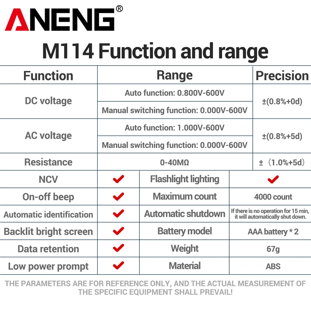 ANENG M114 4000 Counts Automatic Mini Digital Multimeter DC/AC Voltage Backlit Bright Screen NCV Resistance Data retention Tester Tools