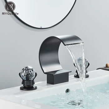 Black Bathroom Basin Faucet Brass 2 Crystal Knobs Cold Hot Gold High Arc Waterfall Filler Faucet 3 Holes Deck Mounted 1