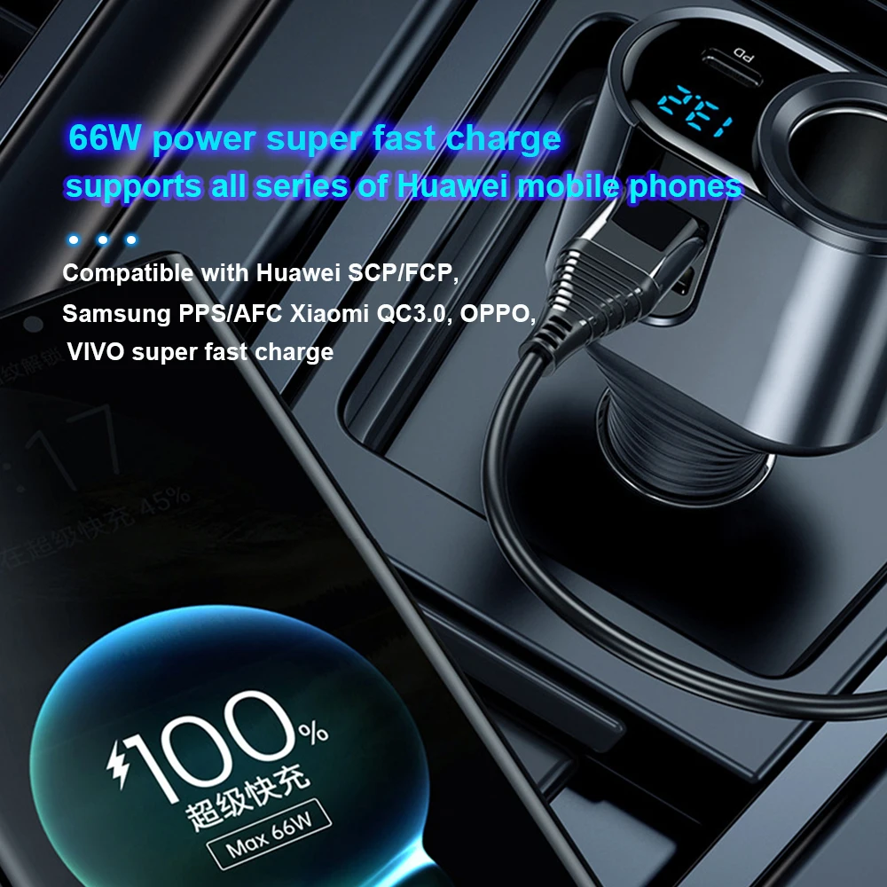 KOJA 166W USB Car Charger Cigarette Lighter Super Fast Charge 66W PD Type C 20W QC 3.0 SCP FCP PPS For IPhone 14 13 Samsung OPPO