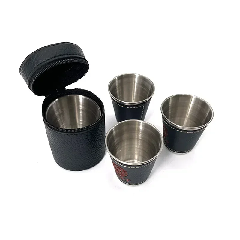 4-Piece Stainless Steel Travel Cup Set with PU Leather Case for Outdoor Camping and Picnic