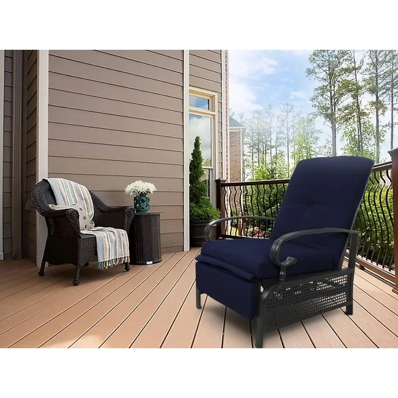 Adjustable Outdoor Patio Reclining Lounge Chair-Comfortable Cushioned Recliner Chair with Strong Extendable Metal Frame