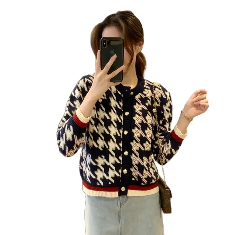 

Knitting Women's Cardigan Coat 2022 Spring Autumn New Style Lattice Temperament Soft Waxy Stylish Student Fashion Sweater Jacket