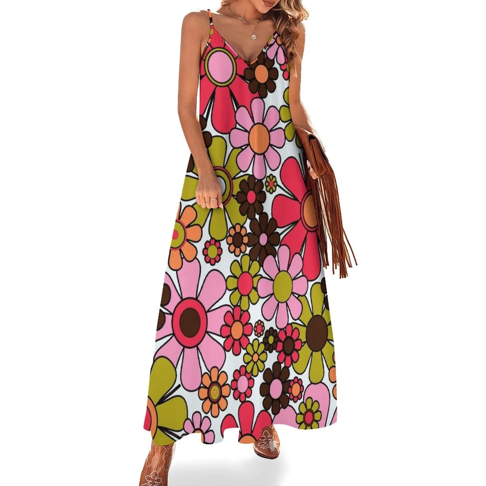 

Retro Garden Flowers Groovy 60s 70s Floral Pattern in Pink, Dark Brown, Avocado Green, Orange, and Black Sleeveless Dress