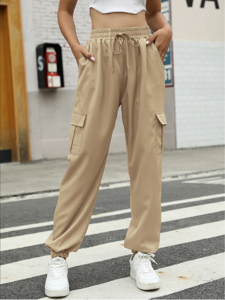 

Safari Style Cargo Pants for Women Vintage Pocekets Joggers Sweatpants Elastics Waist Drawstring Trousers Solid Work Pantalon