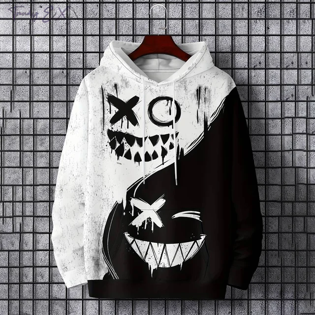 New autumn men's fashionable smiling face design printed soft and comfortable hooded sweatshirt outdoor streetwear 1