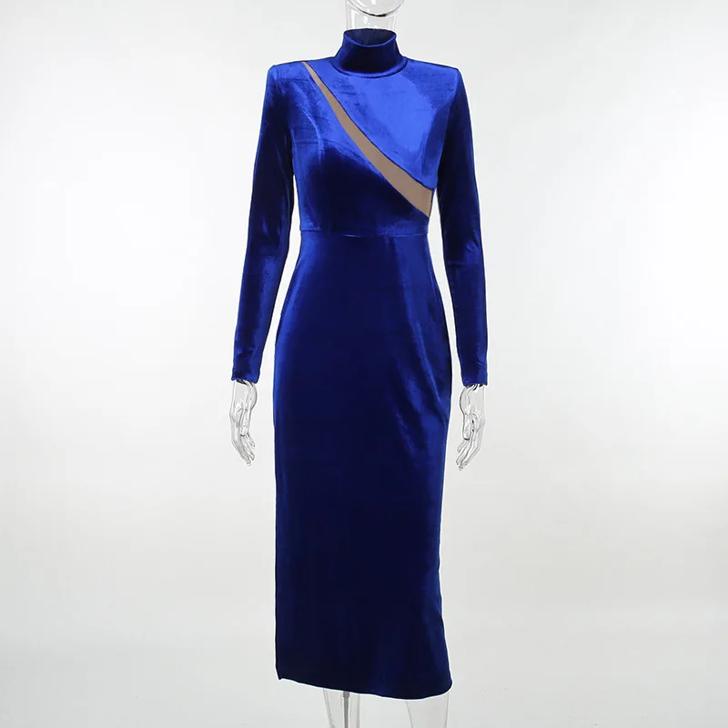 Mesh Patchwork Bodycon Maxi Dress For Women Blue Autumn Winter New Turtleneck Long Sleeve Split Dress Elegant Clothes