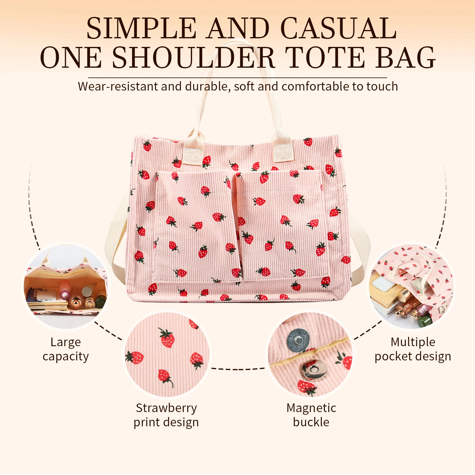 Tote Bag Cute Strawberry Patched Purse for Women Fabric Large Capacity Tote Purse Enduring Tote Bag with Adjustable Shoulder 2
