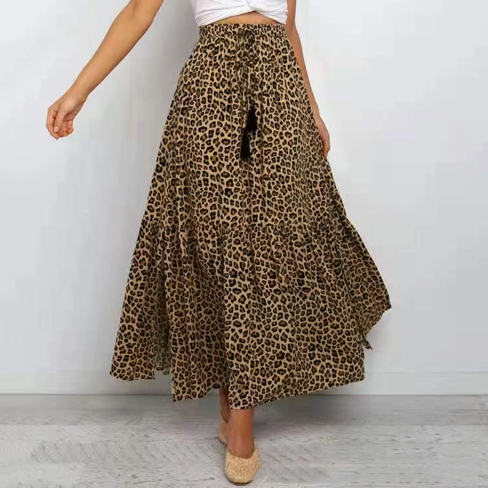 

Vintage Chic Hippie Women Leopard Print Elastic Waist Split Beach Bohemian Skirt Ladies Rayon Maxi A-Line Pleated Boho Skirts