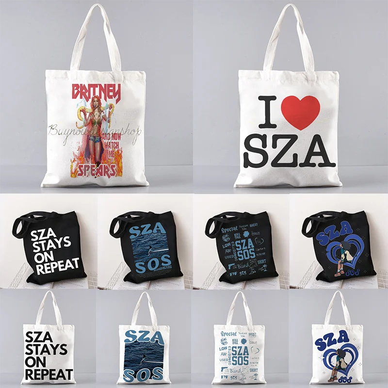 

Harajuku SOS Shopper Juje Tote Canvas Bag Casual Larger Black White Handbags Vintage I Love SZA Tote Shopping Bags for Women