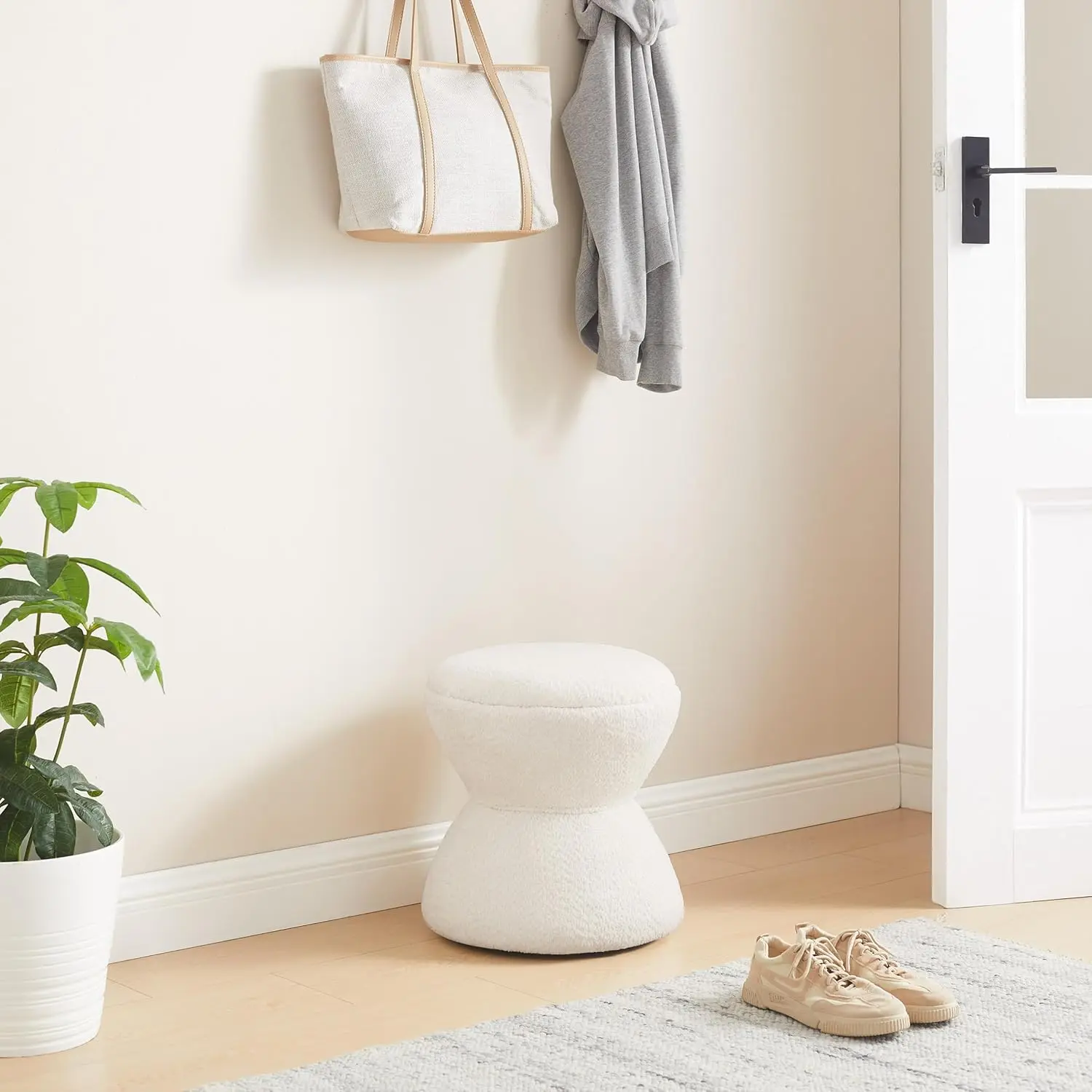 Multi-Functional Boucle Ottoman, Vanity Stool Chair, Sturdy Wooden Footstool, Suitable for Living Room, Bedroom