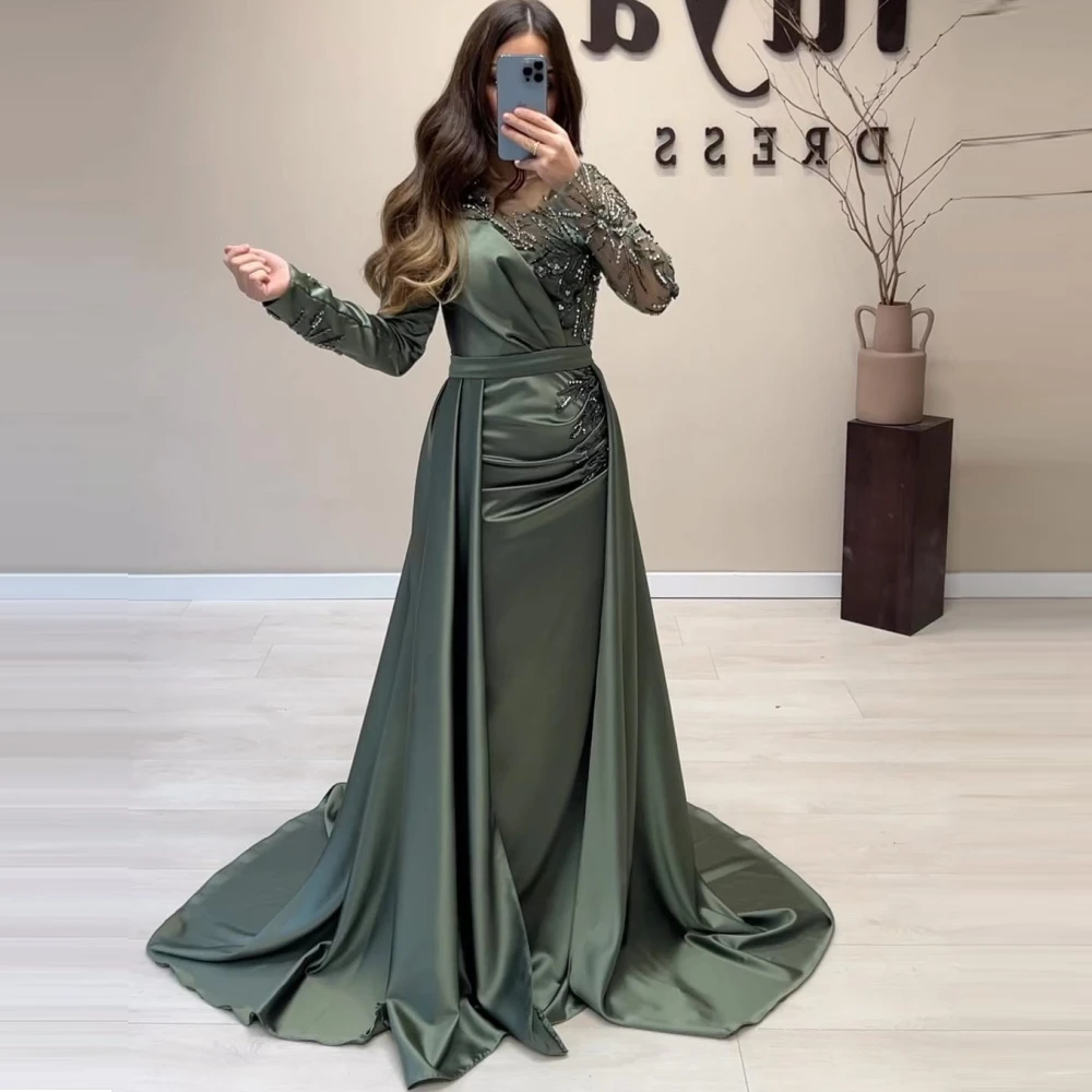 

OEING O-Neck Mermaid Robe De Soirée Custom Made Long Sleeves Satin Evening Gown Sequined Saudi Arabic Party Dress Prom Dresses