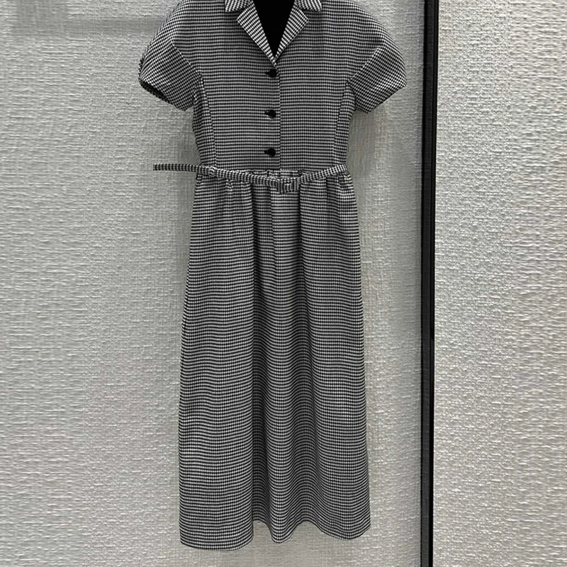 

23FW New Houndstooth Short Sleeve Dress Fashion Runway Single Breasted Lapel Waist Up A-line Dresses Y2K Women High End Clothes