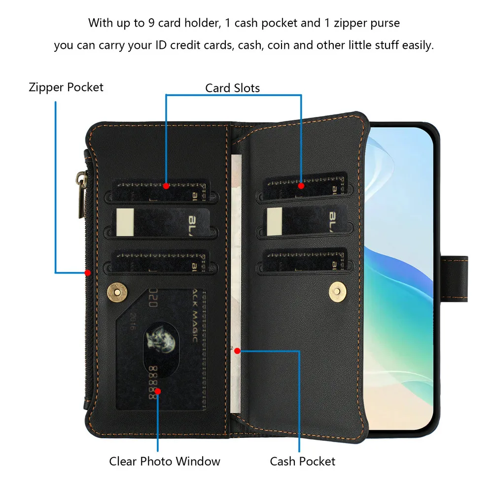 Elegant Crossbody Zipper Leather Wallet Case - Luxury Flip Cover