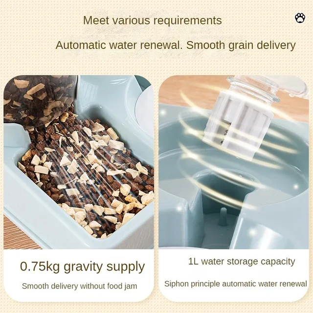 Automatic Cat Feeder Water Dispenser Set, 2 In 1 Tilted Automatic Pet Food And Water Feeder Gravity Food Feeder and Waterer 4