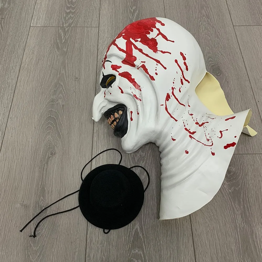 

Terrifier Art The Clown Cosplay Mask Scary White Blood Demon Joker Hat Latex Headwear Halloween Party Costume Props