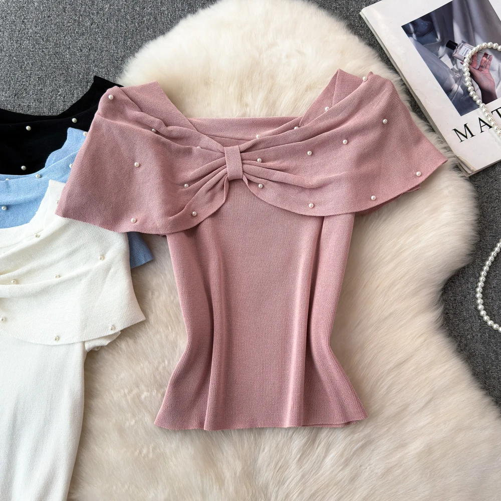 MILLO WOMEN☆Pearl Ribbon T-shirt MUSINSA | MILLO WOMEN Pearl Ribbon T-shirt [Powder Blue]