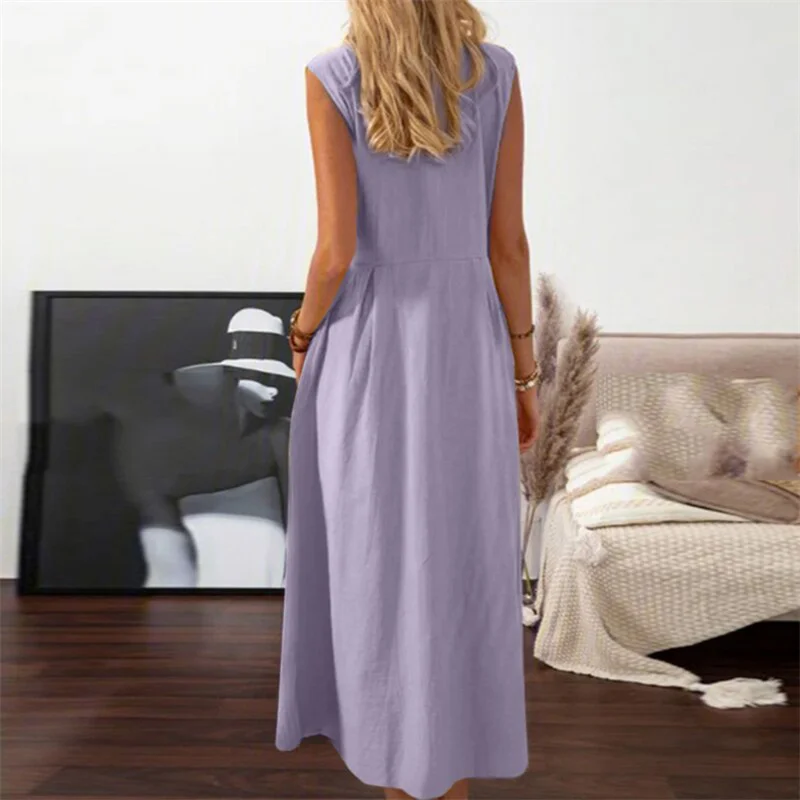 Beach Dress Women Solid Color Turn Down Collar Single Breasted Sleeveless A Line Long Dresses Vacation Party Dresses