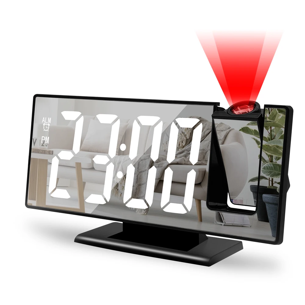180&deg; Arm Projection Alarm Clock Time Temperature USB Plug-in Digital Alarm Clock Snooze Table 12/24H Projector LED digital alarm clock