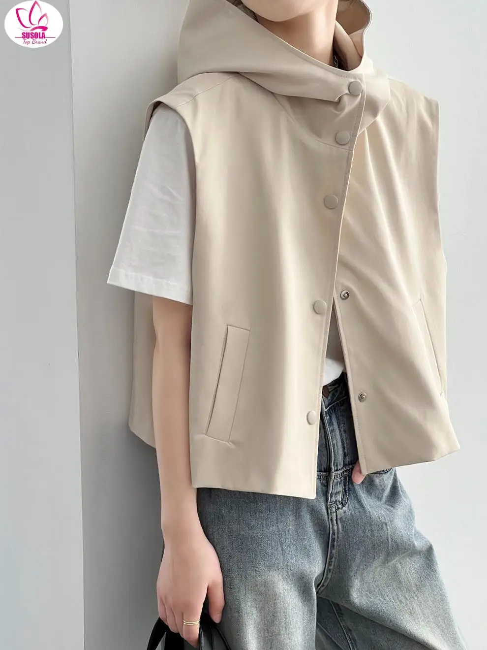 

SUSOLA Sleeveless Vests for Women Casual Hooded Top 2023 Cardigan Korean Version of The Shoulders Section Sleeveless Jacket