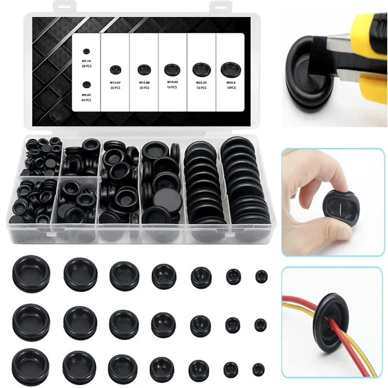 188pcs/Sets Waterproof Protect Wire Tool 7 Sizes Sealing Rubber Cables Grommet Kit Electrical Plugs Conductor Gasket Ring
