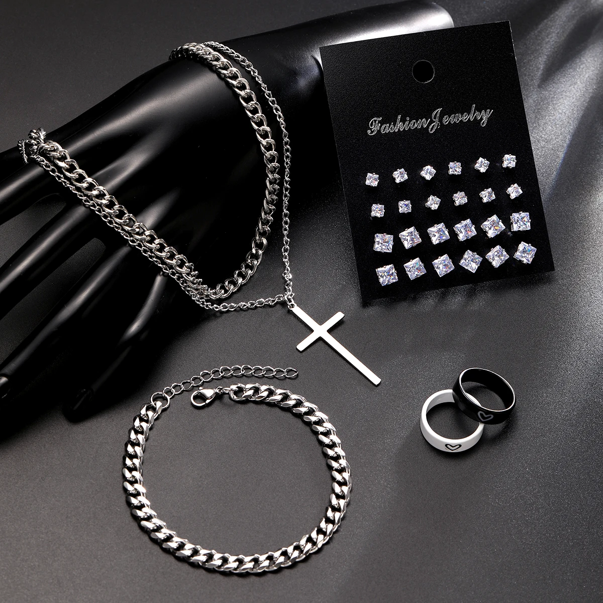 28pcs/set Casual Zircon Stud Earrings Cross Pendant Necklace Couple Ring Bracelet Set, Multi-piece Set, Suitable For Daily Wear