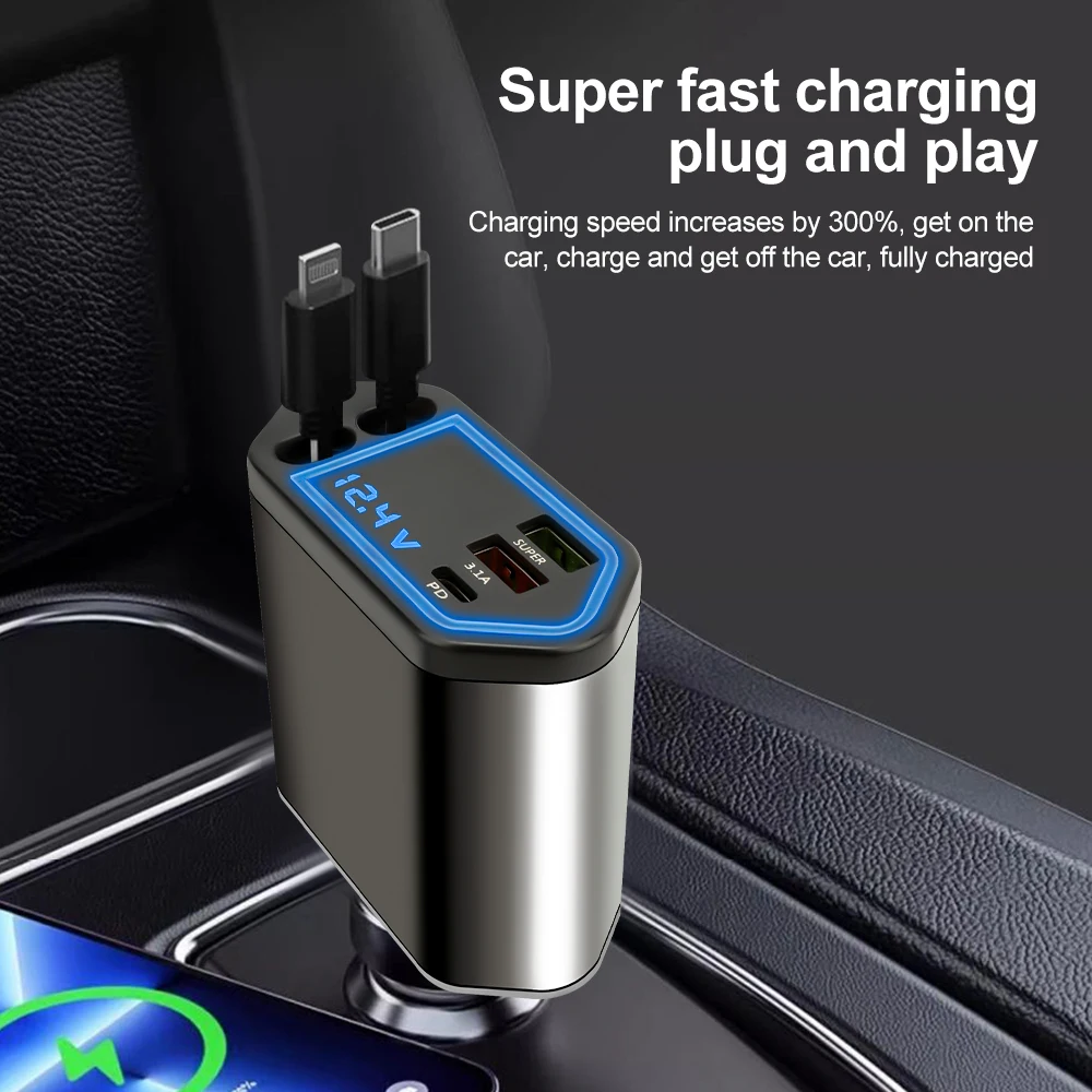 Adattatore di ricarica rapida 4 in 1 per auto da 120 W con cavo retrattile, porte USB di tipo C, caricabatterie per telefono per iPhone, Samsung, Huawei_voghion.com