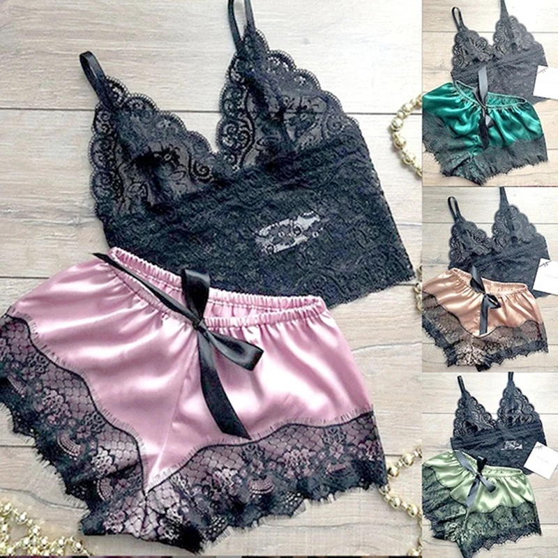 Lace Pajamas For Women Summer Sleepwear V-Neck Pajama Set Sleeveless Cami Top And Shorts Set Sexy Pyjama Homewear women pajamas set women pajama suit