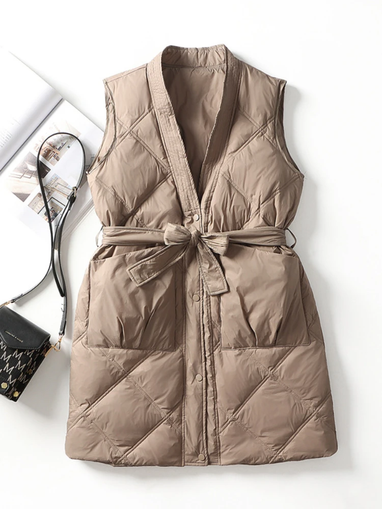 

Fitaylor Autumn Winter Women White Duck Down Coat Casual V-neck Single Breasted Sleeveless Vest Puffer Parka Jacket with Belt