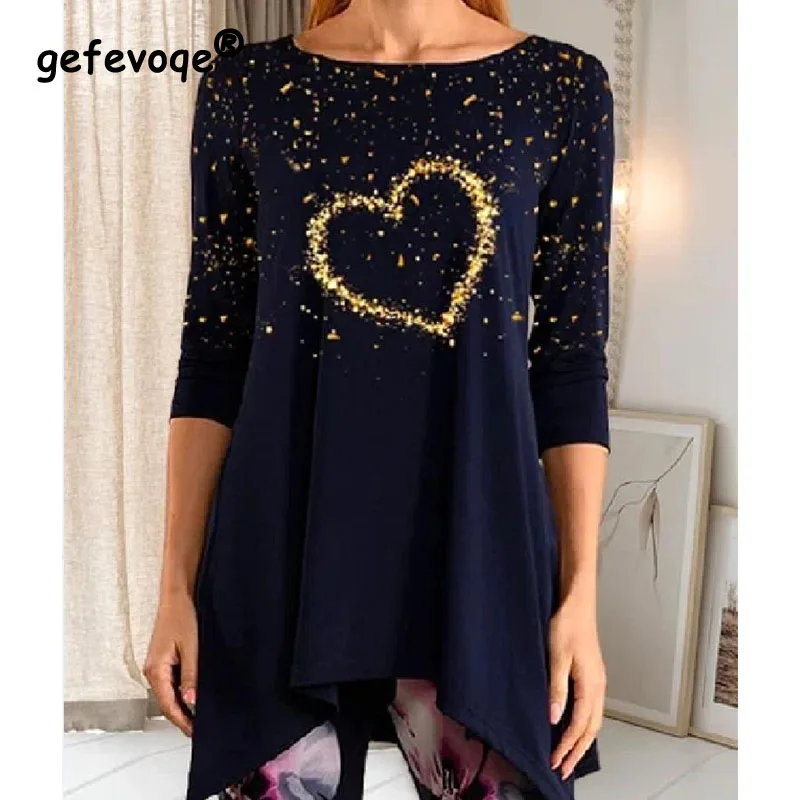 

2023 Autumn Women's T-shirt Casual and Comfortable Versatile Round Neck Long Sleeve Fashion Peach Heart Printed Women's T-shirt