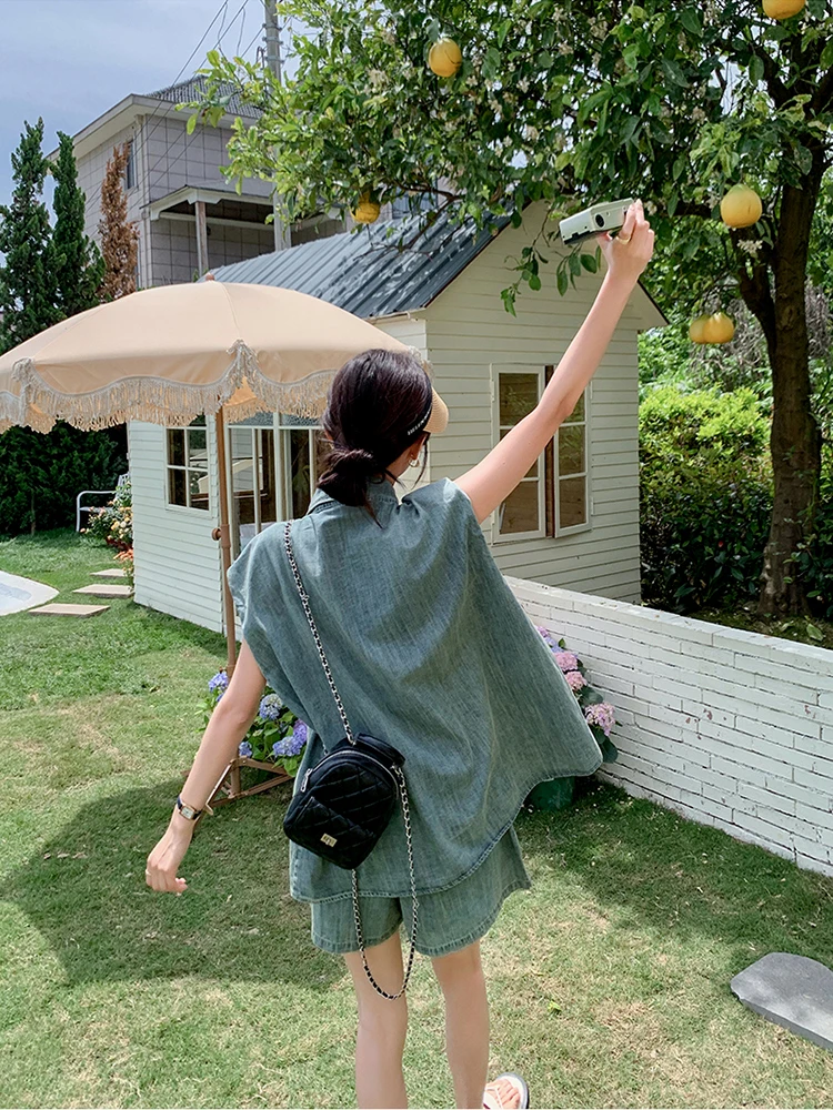 Classic Two Piece Summer Elegant Office Ladies Vintage Female Top Summer New Street Simple Casual Fashion Denim Shorts for Women