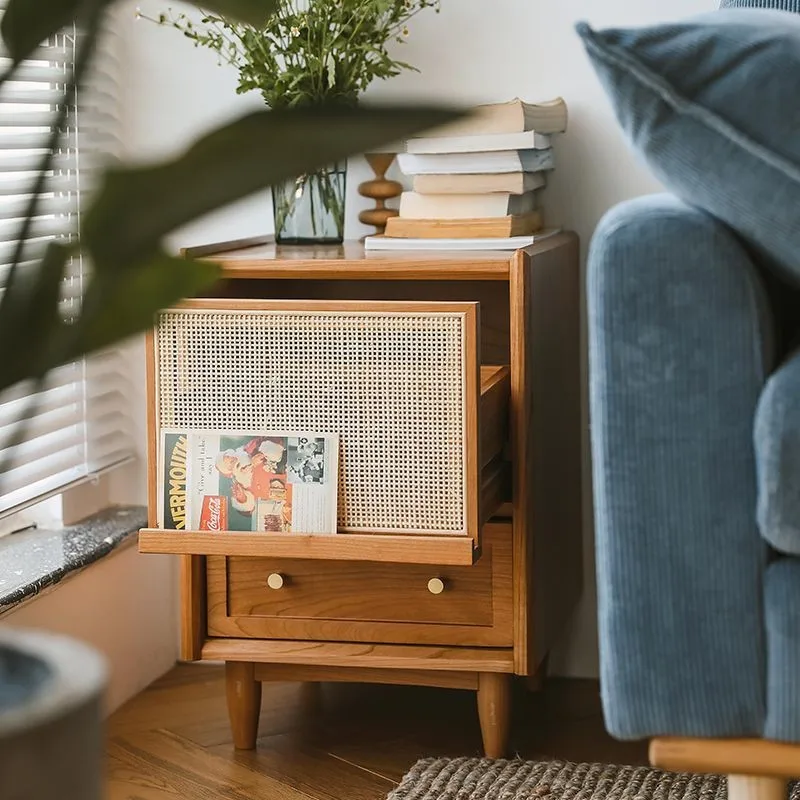 Japanese Solid Wood Bedside Table Rattan Bedroom Wabi-sabi Storage Cabinet Simple Drawer Antique Storage Sofa Side Table