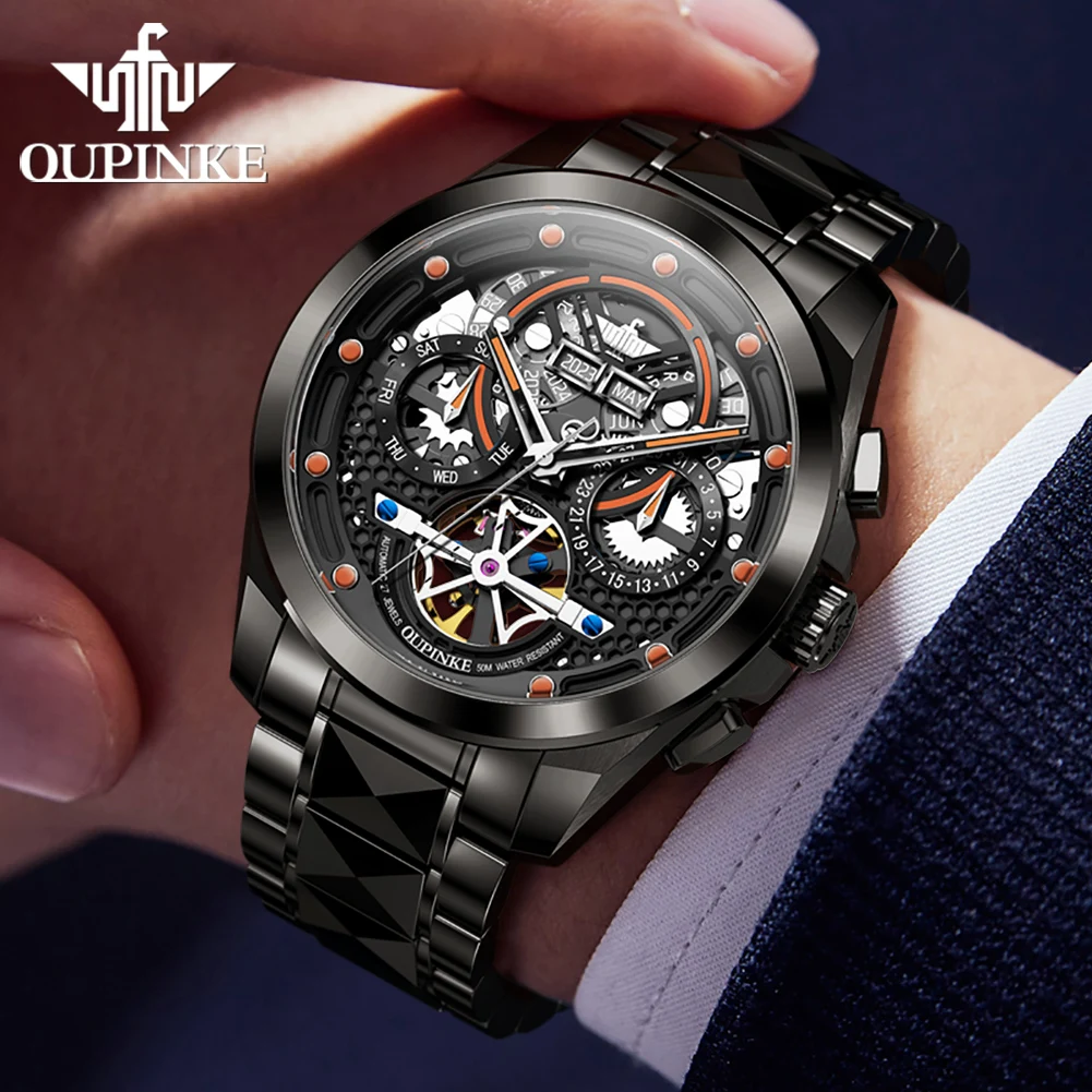 OUPINKE Multi-level Design Automatic Watches Mens Swiss TOP Brand Sapphire Mirror Tungsten Calendar Waterproof Luminous Luxury 2