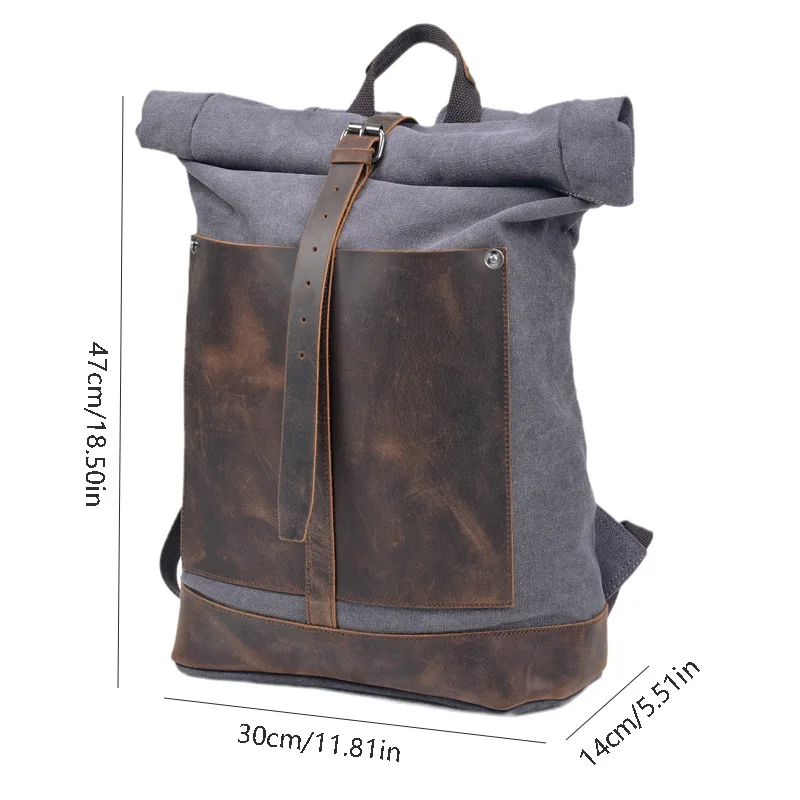 New vintage wash canvas men's backpack waterproof large capacity roll top expansion backpack men's outdoor hiking bag 3