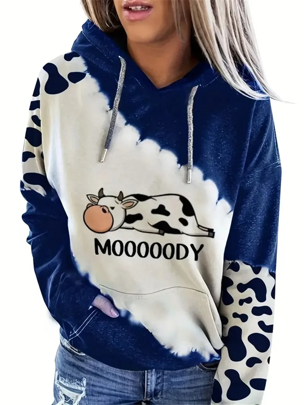 

Spring Women's Cow Leopard Pattern Splicing Drawstr Hooded Casual Fashion With Cap Leopard Long Sleeve Tops Pocket Sweatshirt