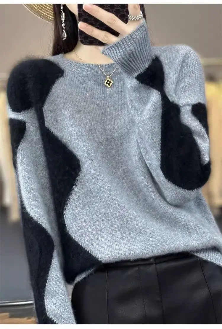 

Cashmere Sweater Western Colorblock Pullover Crewneck Sweater Loose