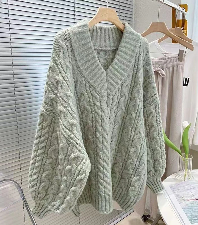 Oversized Sweater Women Fashion Preppy Pink V Neck Knitted Pullovers Harajuku Korean Long Sleeve Knitwear Winter Jumpers