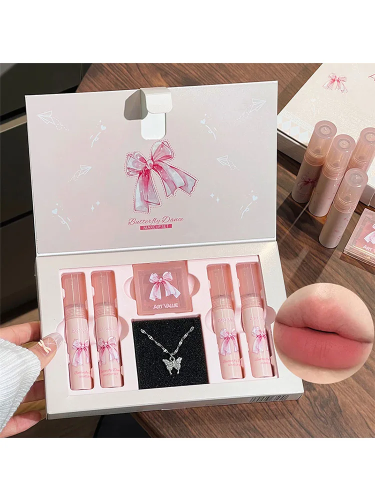 6 יחידות / קופסה מט ליפסטיק סט איפור שפתיים ולווט ניוד ליפ גלוס לחותי ליפ גלייז פנים בלאש פלטה סט איפור שרשרת מתנה