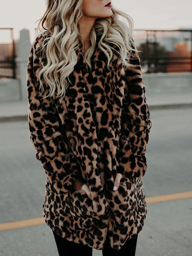 leopard print plush faux fur women coat fashion lapel long sleeves long jacket elegant autumn winter lady high streetwear coats Women Winter Thick Warm Fashion Long Sleeve Luxury Leopard Print Faux Fur Coat Outerwear Artificial Jacket Plush Clothing