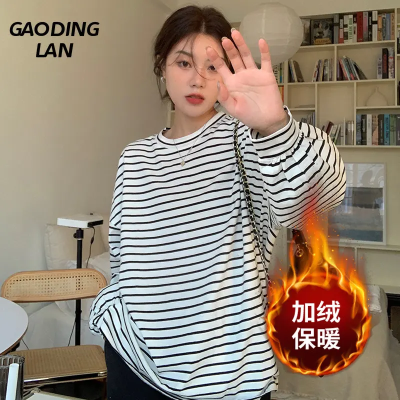 

Autumn Winter Women Add Velvet Keep Warm Long Sleeve T-shirts O Neck Large Size Female Tops Lazy Style Loose Bottoming Tee Shirt