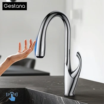 หรูหราสีดําทองเหลืองสวิทช์สัมผัสก๊อกน้ําห้องครัวเดี่ยวเซรามิควาล์ว Core ร้อนและเย็นดึงประเภท 3 ฟังก์ชั่นอ่างล้างจาน TAP 1