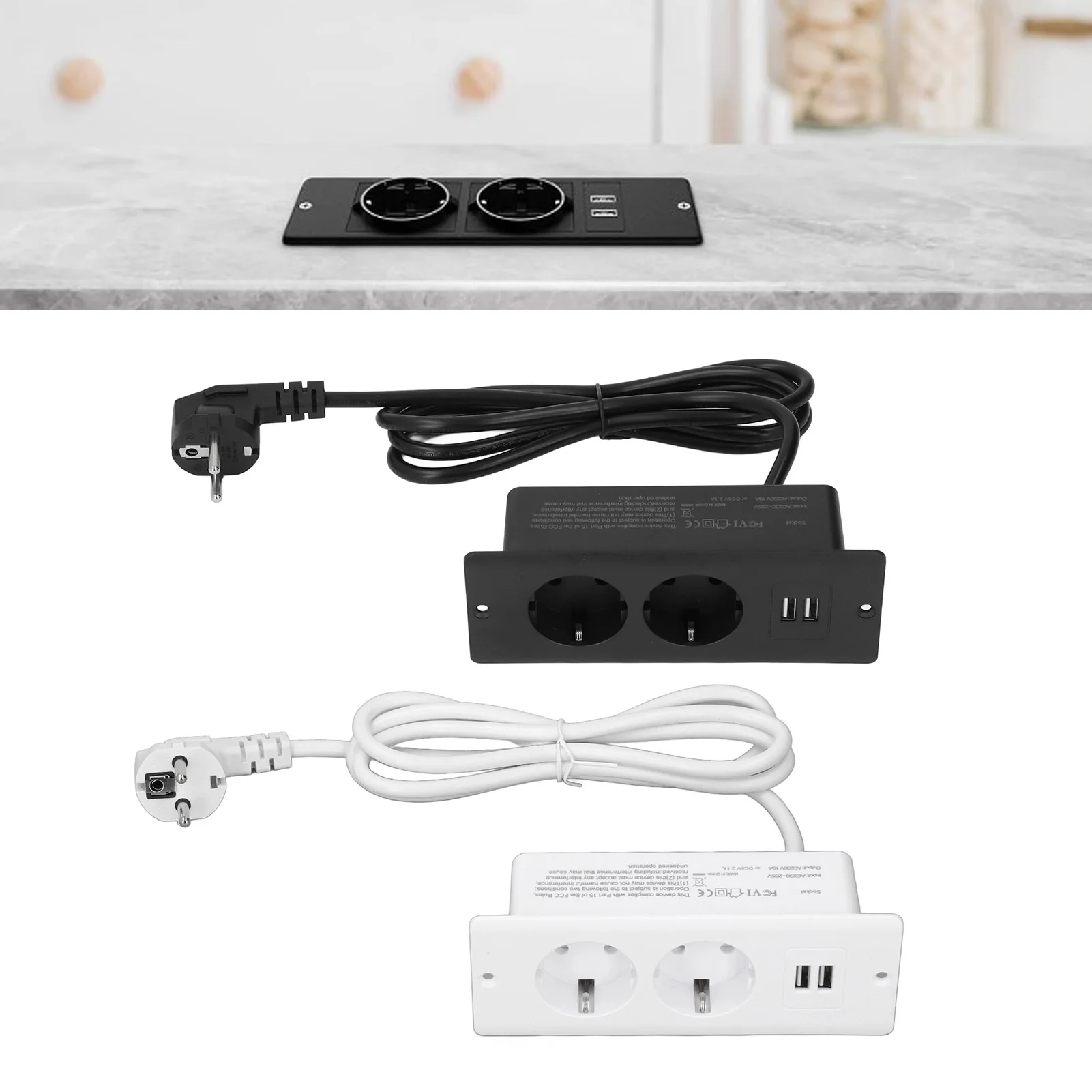 Electrical power socket embedded 2 USB 2 10A ports recessed desk socket with 1.5m cable