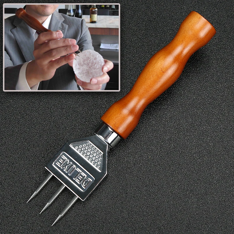 Ice Pick - Sturdy Stainless Steel Three Pronged ice Chipper With Solid Wood Handle Ice crushers for Cocktail Bartender bar tools